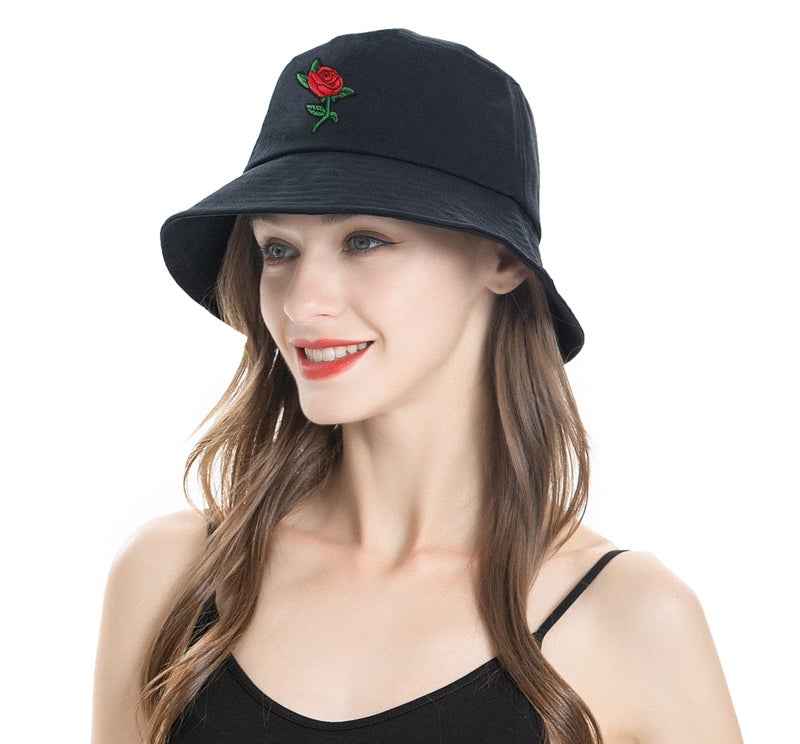 ZLYC Unisex Fashion Embroidered Bucket Hat Summer Fisherman Cap for Men Women Teens (Rose Black) - Image 3